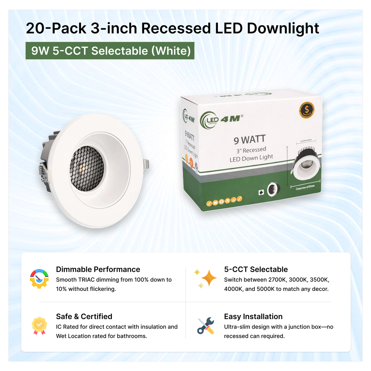 20-Pack 3-inch Recessed LED Downlight - 9W 5-CCT Selectable (White) 9w 5-cct selectable | Selix Kala