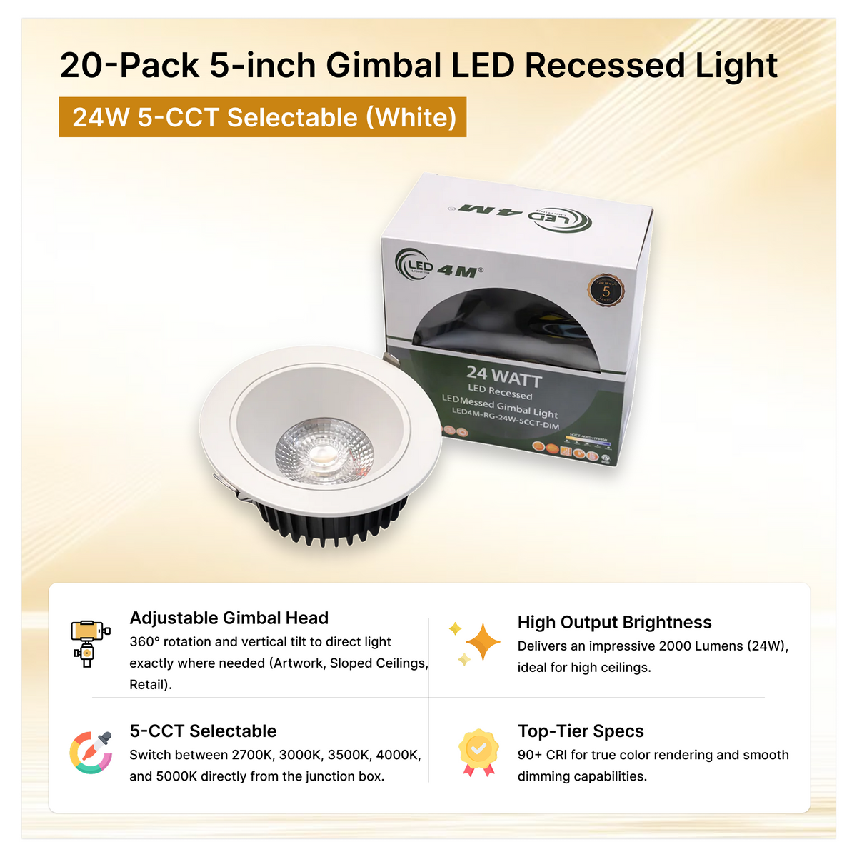 20-Pack 5-inch Gimbal LED Recessed Light - 24W 5-CCT Selectable (White) 5-cct selectable | Selix Kala

