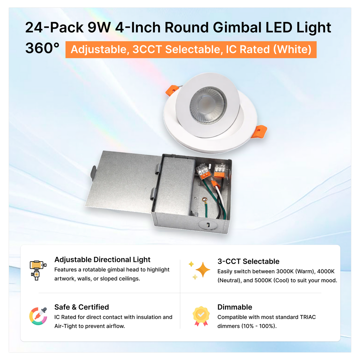 24-Pack 9W 4-Inch Round Gimbal LED Light - 360° Adjustable, 3CCT Selectable, IC Rated (White) safe & certified | Selix Kala