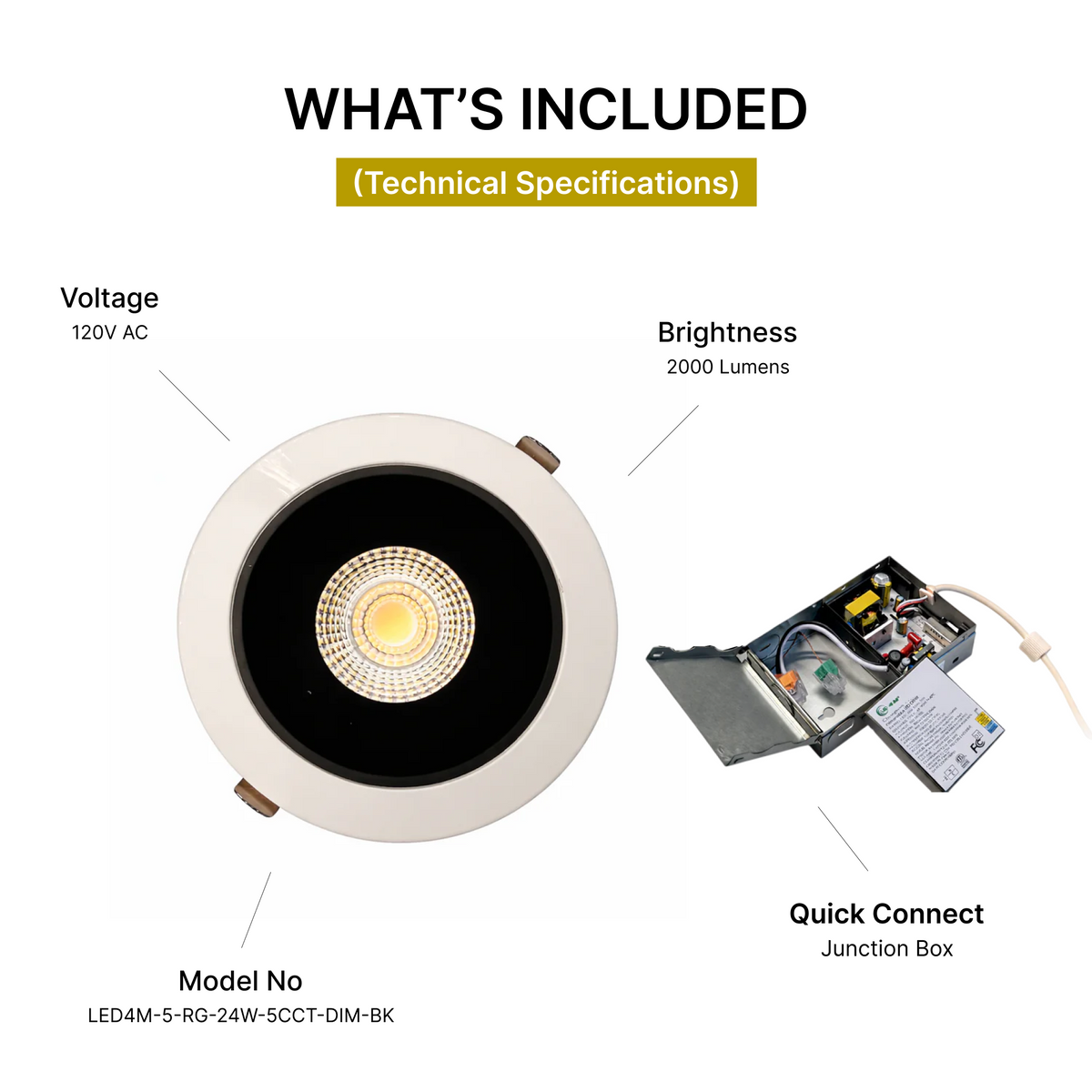 20-Pack 24W 5-Inch LED Gimbal Recessed Light - Adjustable Beam, 2000 Lumens, 5CCT (Black ) technical specifications | Selix Kala